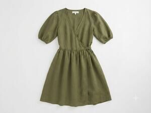 Menique M Heather Green Linen Wrap Dress Lagenlook Minimalist Casual Cottage